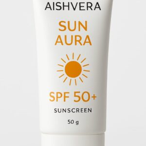 Aishvera Sun Aura SPF 50+ luxury sunscreen tube front view.